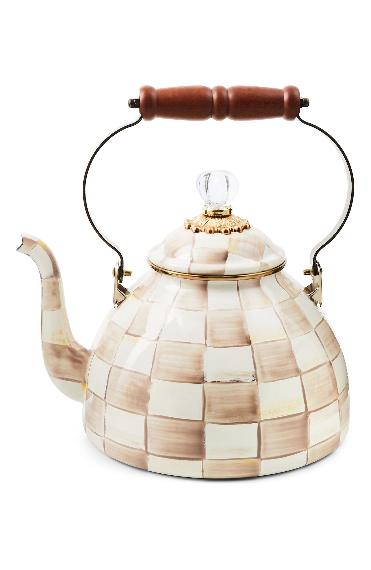 MACKENZIE CHILDS Mocha Check Enameled Steel 3-Quart Tea Kettle - Mocha