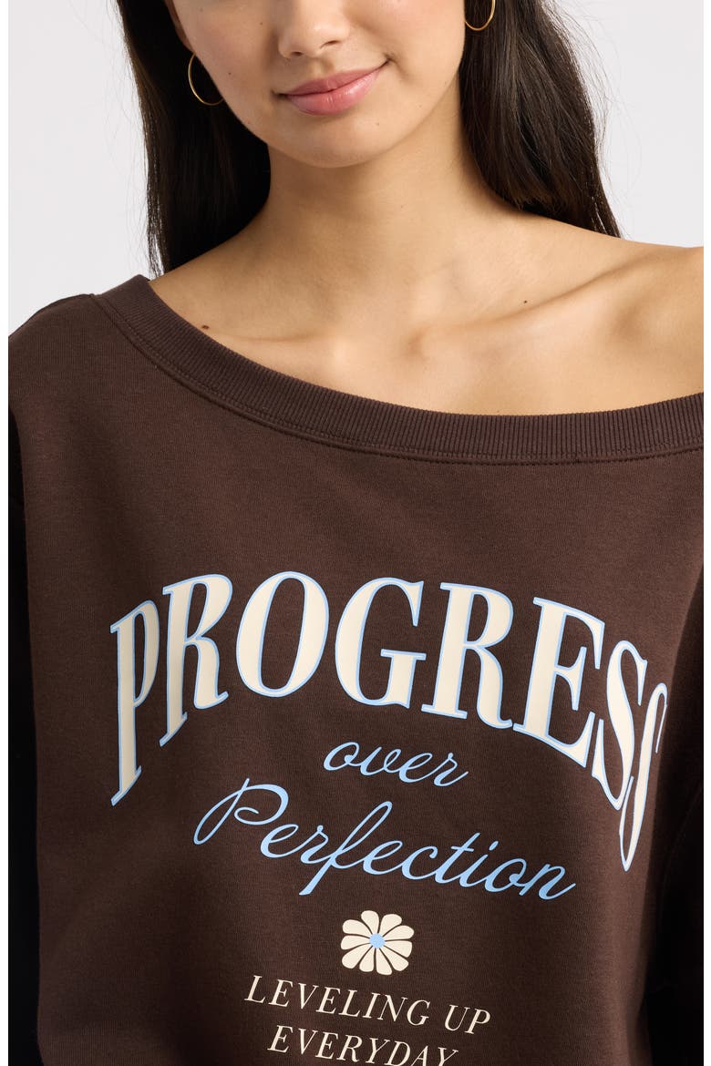 Off the Shoulder Fleece Graphic Sweatshirt, Alternate, color, BROWN PROGRESS OVER PERFECT
