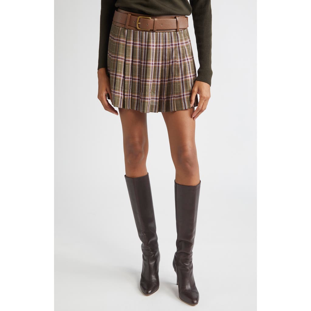 Ramy Brook Derrick Pleated Belted Mini Skirt In Saddle Plaid In Brown