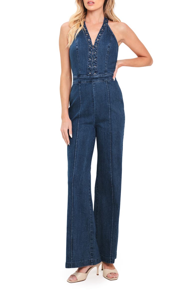 Denim Halter Jumpsuit, Main, color, MEDIUM INDIGO