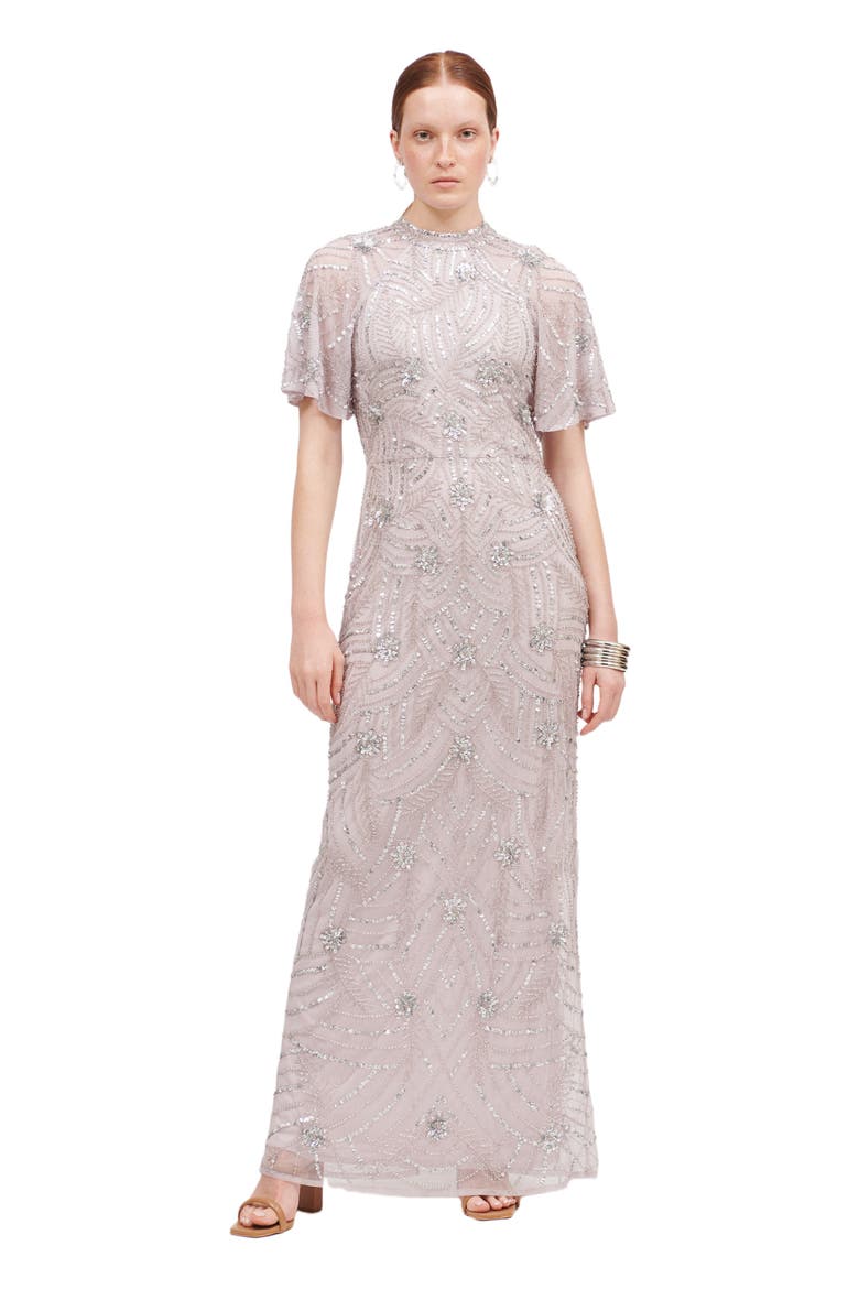 Occasion Embellished Sequin Beaded Halter Neck Evening Dress, Main, color, LILAC