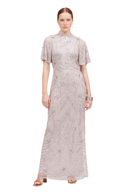 Occasion Embellished Sequin Beaded Halter Neck Evening Dress