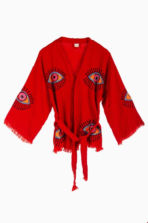 Forever & Always Shoes Sereia Evil Eye Handmade Cotton Short Kimono In Red