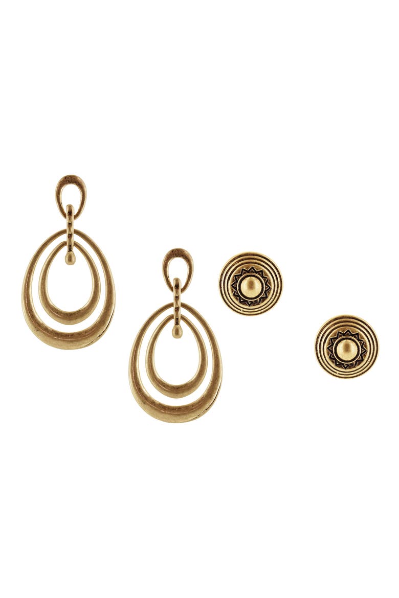 Set of 2 Button Stud & Orbital Drop Earrings, Main, color, WORN GOLD
