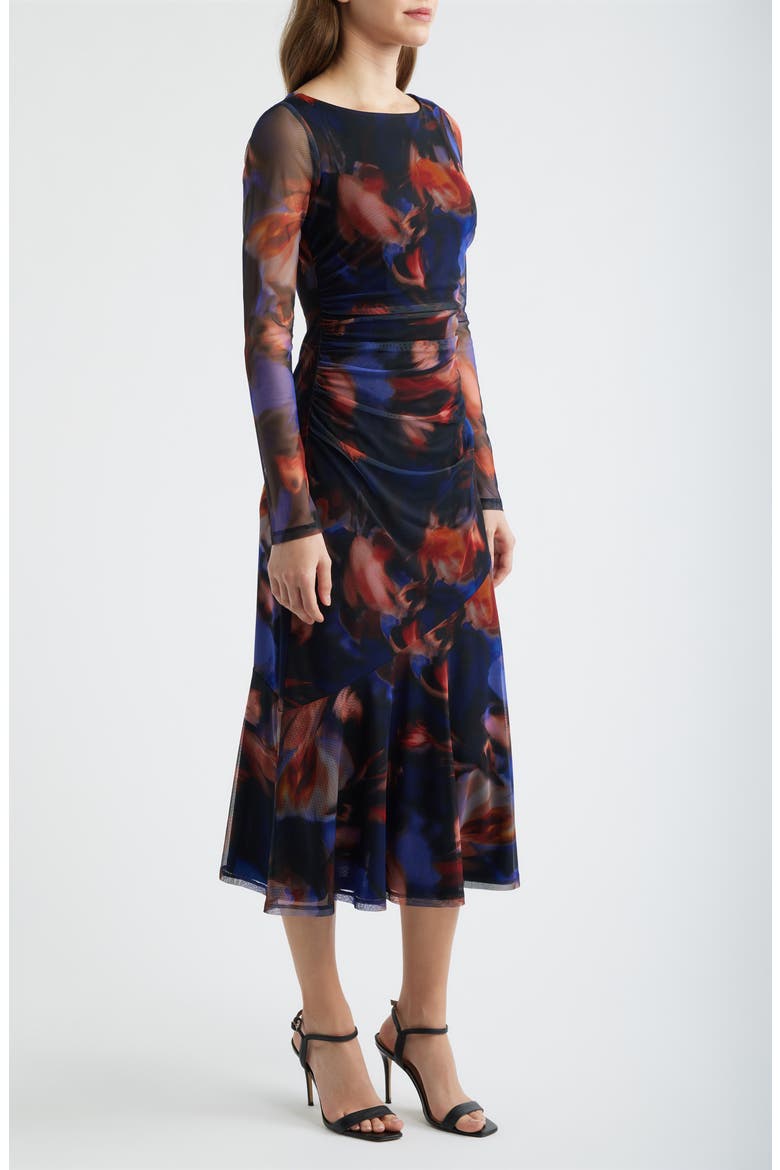 Printed Long Sleeve Mesh Midi Cocktail Dress, Alternate, color, BLUE/ BLACK/ RED