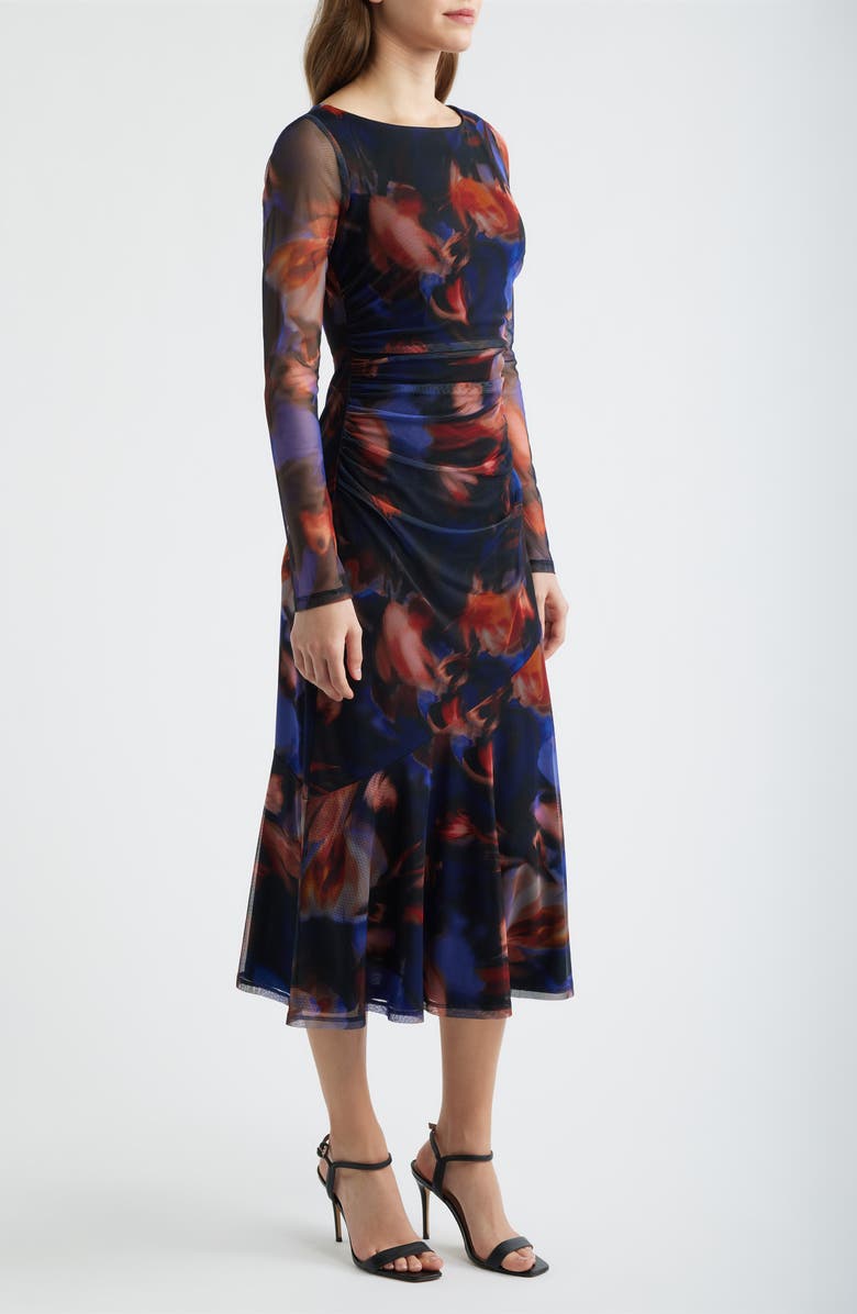 Vince Camuto Printed Long Sleeve Mesh Midi Cocktail Dress, Alternate, color, Blue/ Black/ Red