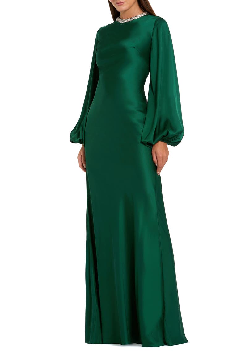 Beaded High Neck Bishop Sleeve Satin Gown, Main, color, Emerald