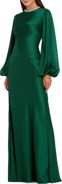 Mac Duggal Beaded High Neck Bishop Sleeve Satin Gown