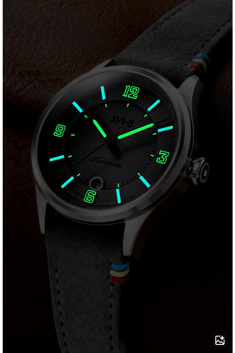 Flyboy Lafayette Automatic 110th Anniversary Limited Edition Leather Strap Watch, 42mm, Alternate, color, GREY