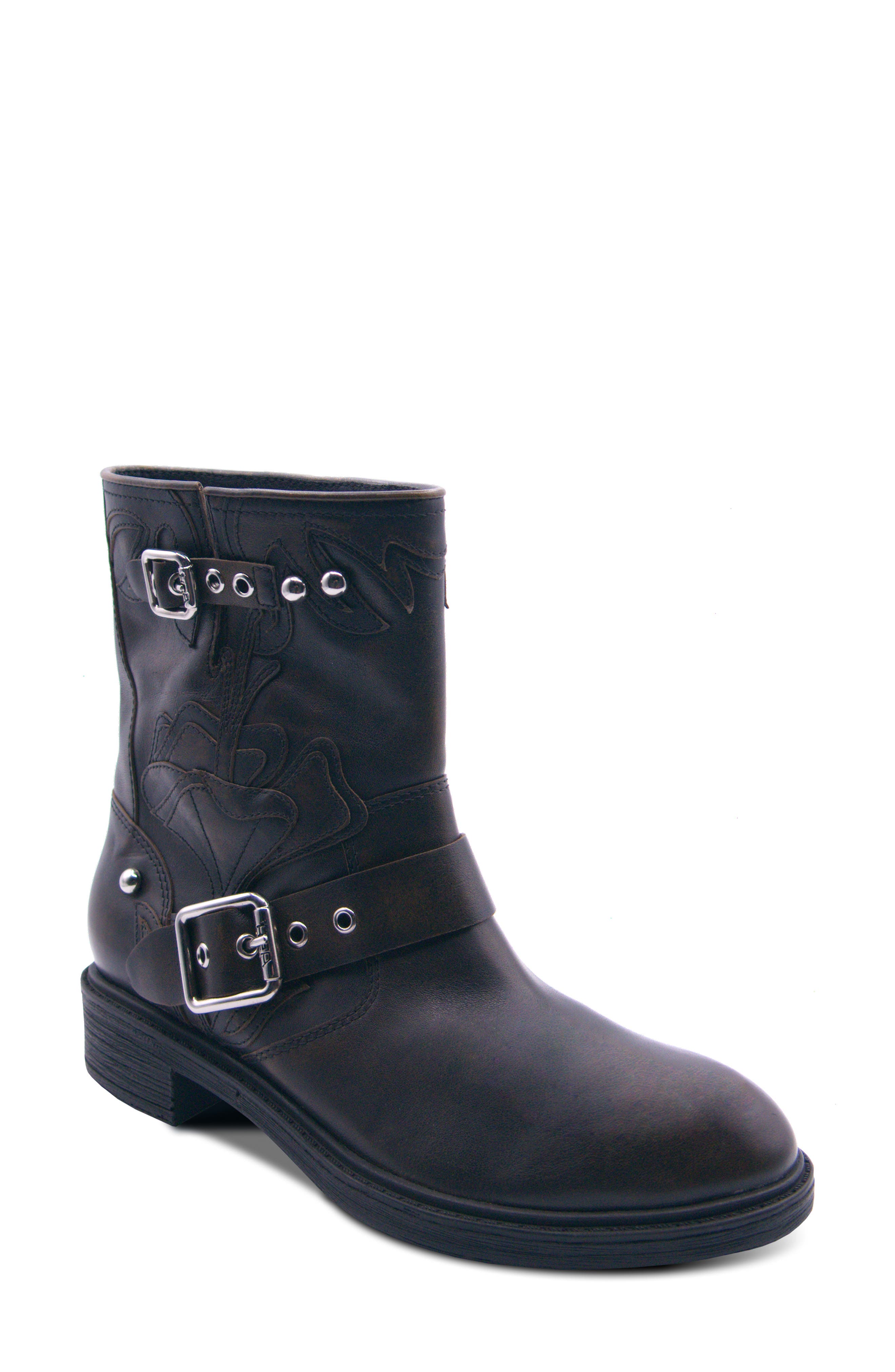 Fannei Western Leather Bootie, Main, color, BLACK DISTRESSED LEATHER