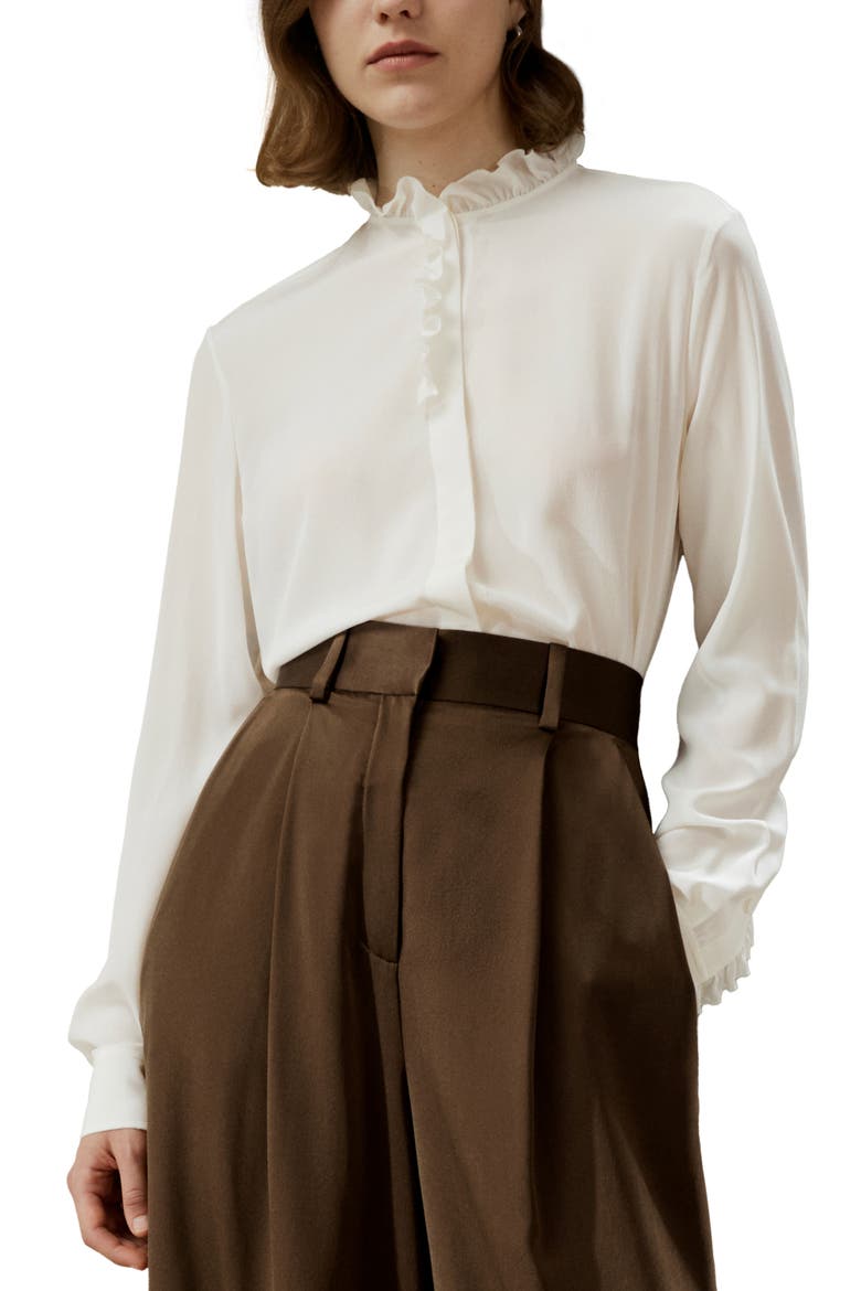 Crêpe de Chine Silk Blouse with Ruffle Edge, Main, color, Natural white