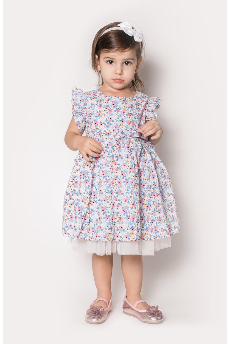 Kids' Floral Flutter Sleeve Bow Dress, Alternate, color, BLUE