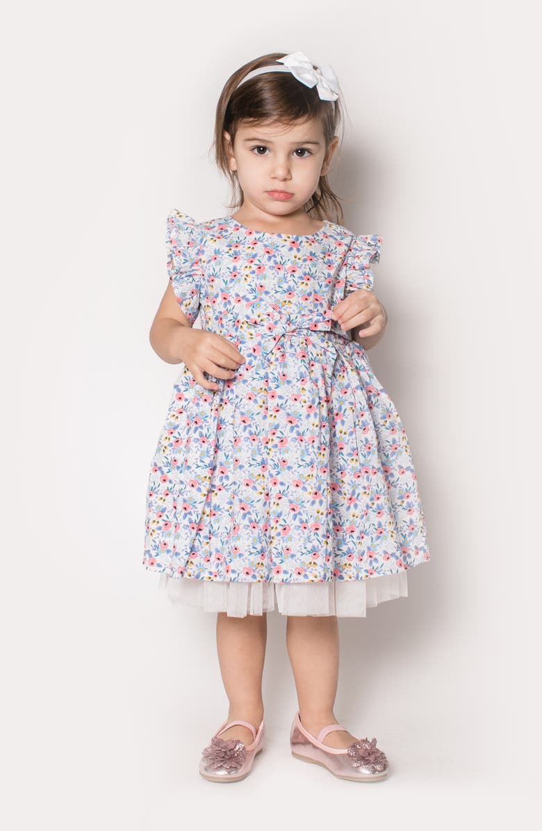 Popatu Kids' Floral Flutter Sleeve Bow Dress, Alternate, color, Blue