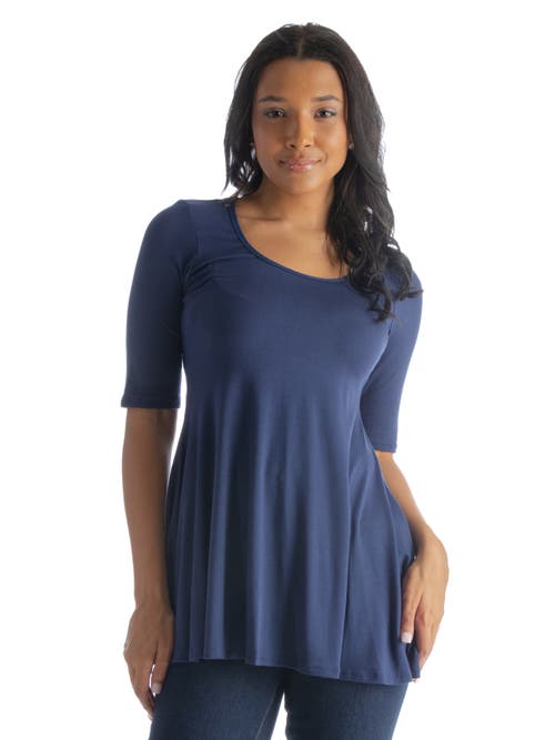 24seven Comfort Apparel Petite Elbow Sleeve Swing Crew Neck Tunic Top In Navy