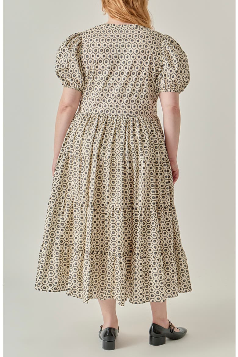 Print Puff Sleeve Midi Dress, Alternate, color, BEIGE/ BLACK
