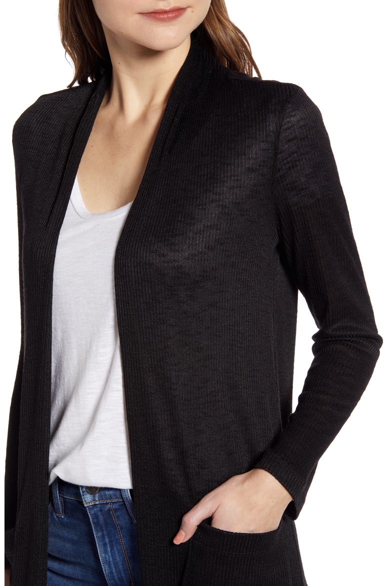Ribbed Knit Long Cardigan, Alternate, color, BLACK