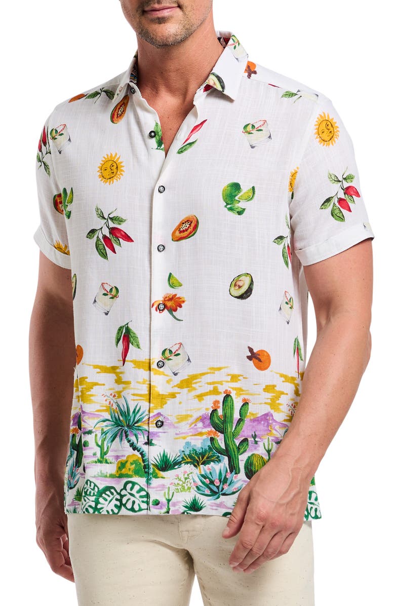 Robert Graham Mezcal Print Short Sleeve Button-Up Shirt, Main, color, White Multi