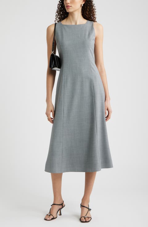 Square Neck Sleeveless Wool Blend Midi Dress