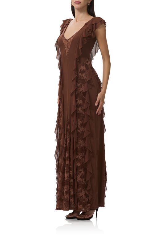 Afrm Trista Lace Insert Ruffle Maxi Dress In Brown