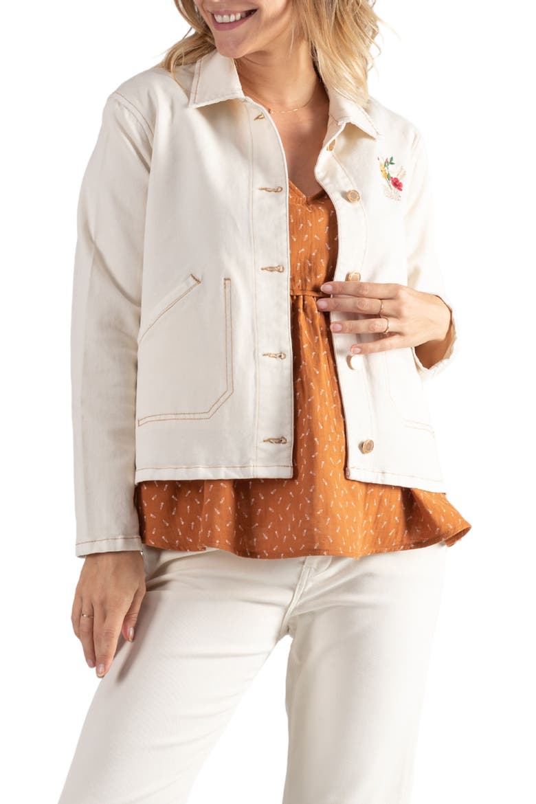Romy Floral Embroidered Maternity/Nursing Denim Jacket, Alternate, color, BEIGE