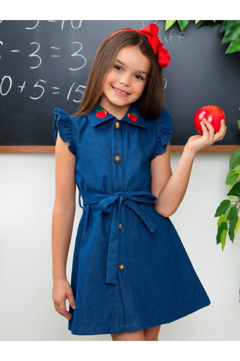 Apple Charm Denim Flutter Sleeve Dress, Alternate, color, Blue