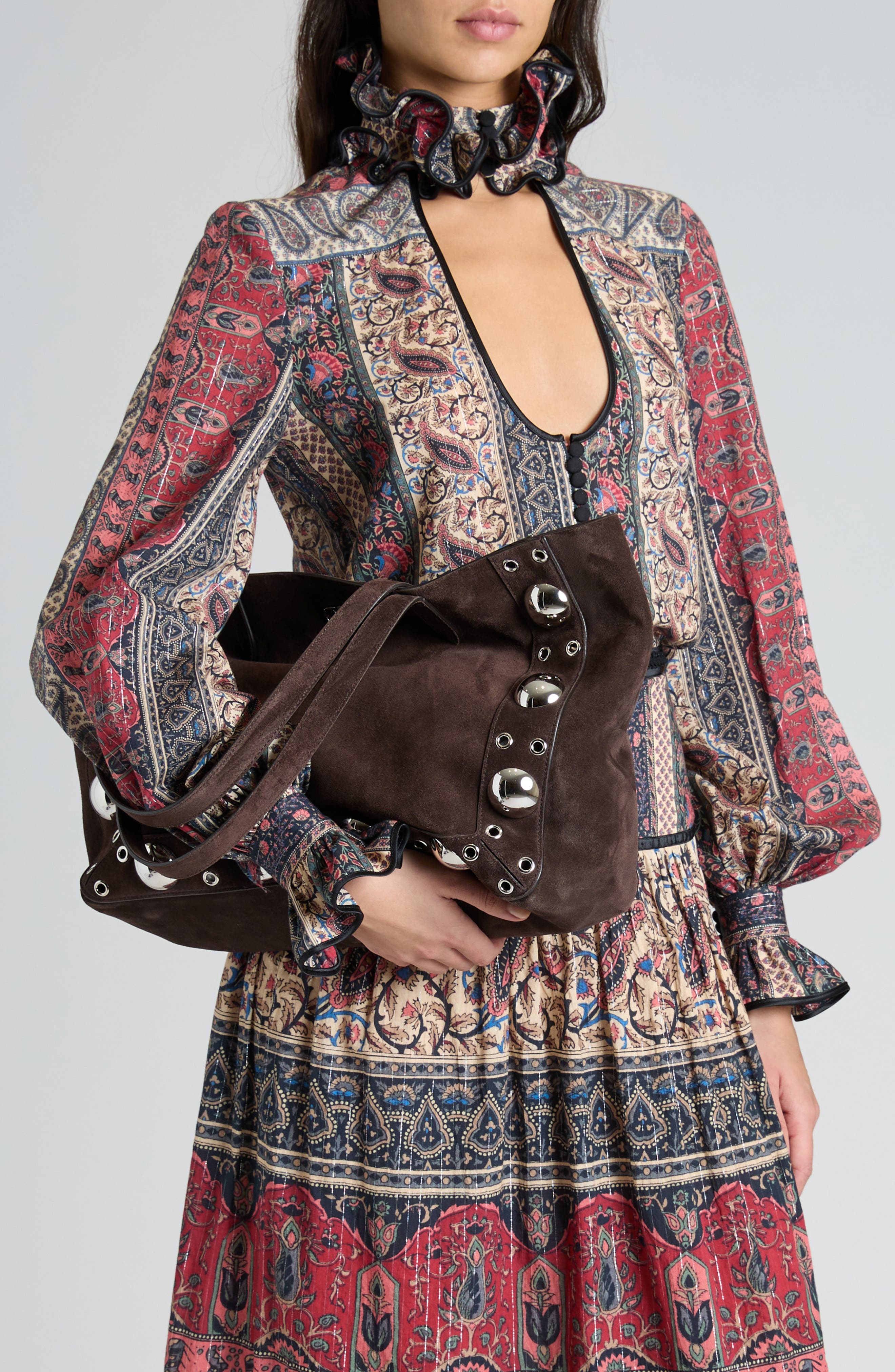 Valentino Garavani Nellcôte Stud Suede Tote, Alternate, color, 0To Testa Di Moro