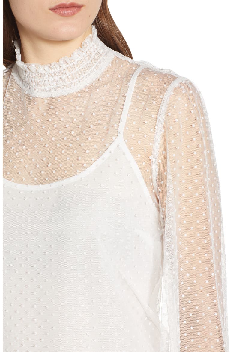 Swiss Dot Sheer Mesh High Neck Blouse, Alternate, color, WHITE