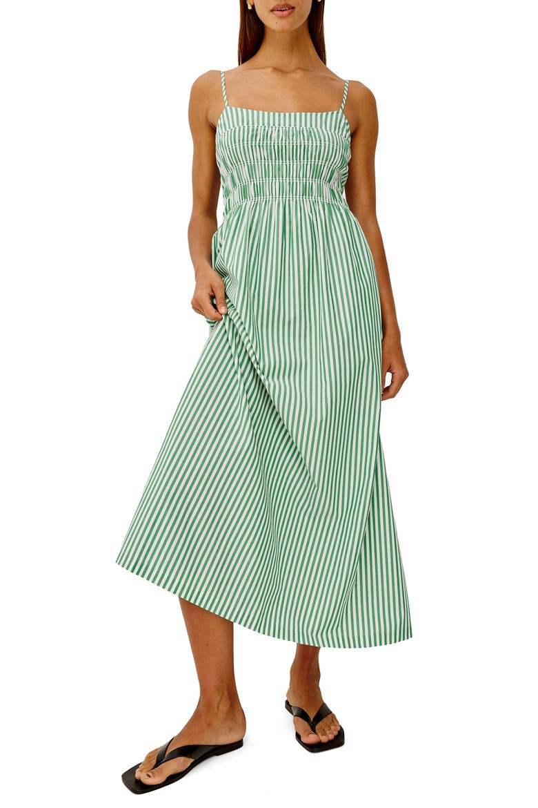 Primrose Stripe Smocked Bodice A-Line Dress, Main, color, EMERALD STRIPE