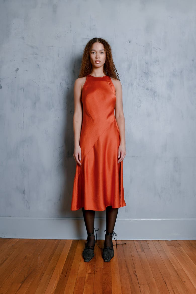 Dew Bias Cut Silky Midi Dress, Alternate, color, Burnt Ochre