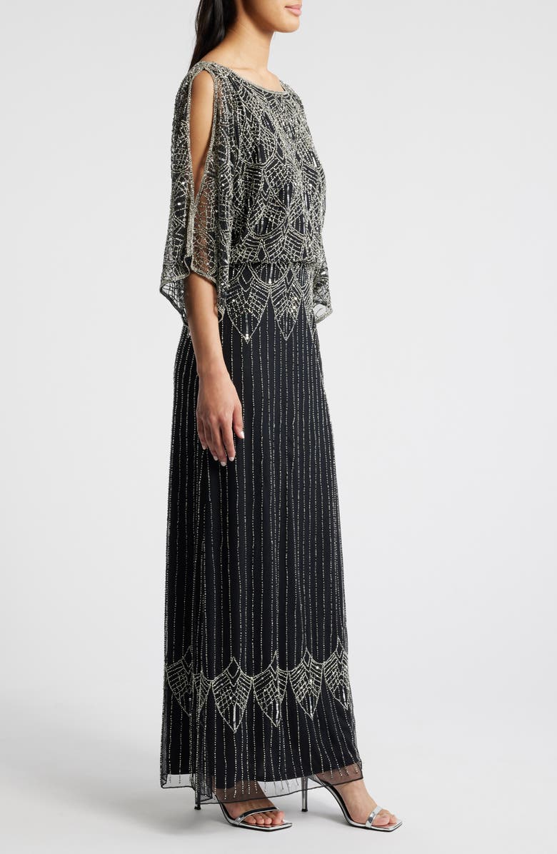 Pisarro Nights Beaded Cold Shoulder Blouson Cocktail Dress, Alternate, color, Black/ Silver