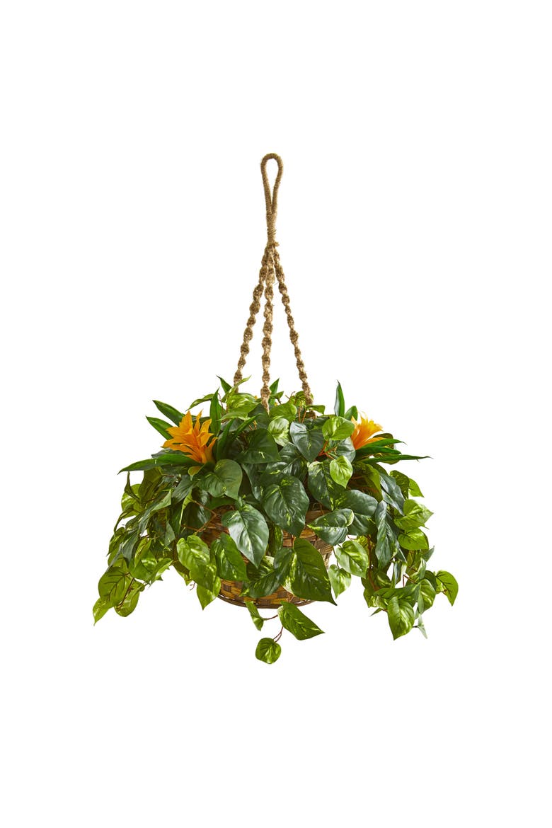 31-in Bromeliad & Pothos Artificial Plant in Hanging Basket, Main, color, Green