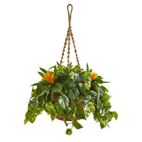 31-in Bromeliad & Pothos Artificial Plant in Hanging Basket