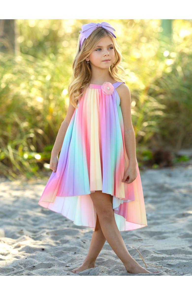 Mia Belle Girls Girls Rainbow Dreams Pleated Hi-Lo Swing Dress, Alternate, color, Multicolor