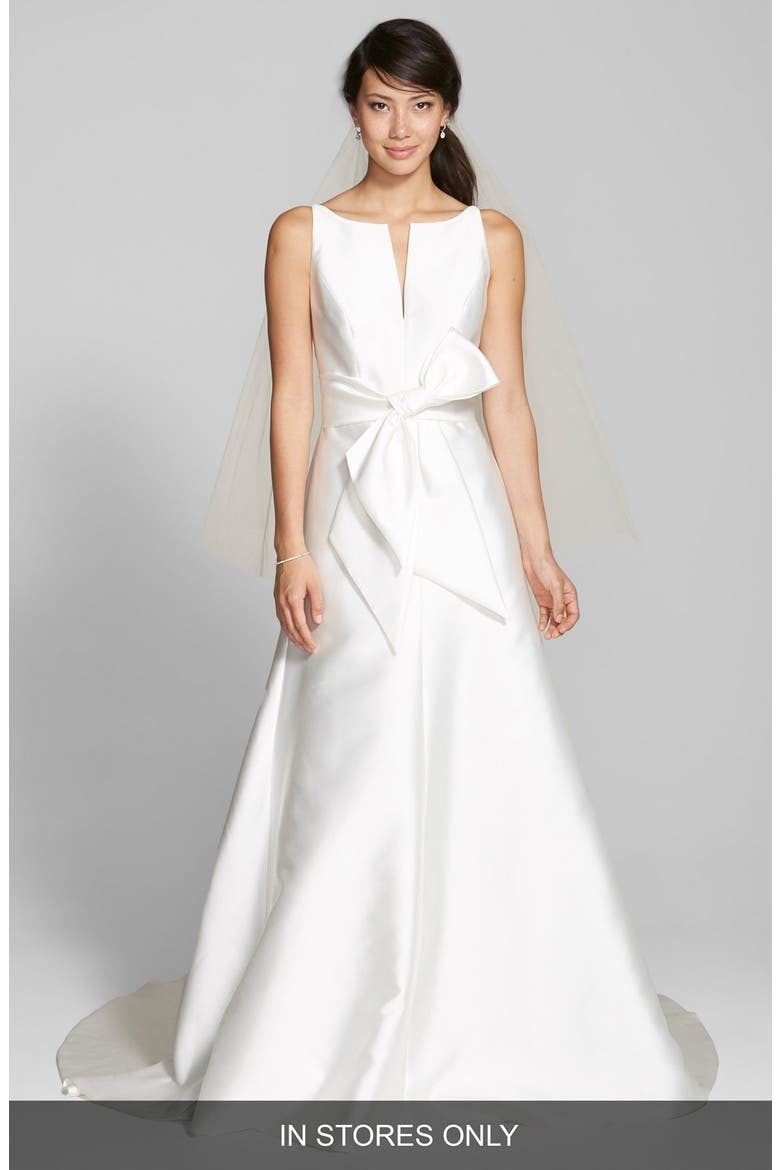 Bow Detail Mikado Dress, Main, color, IVORY