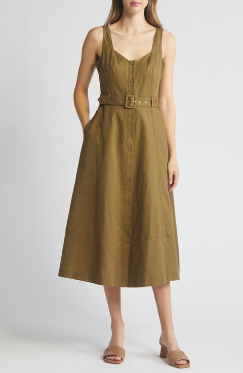 Arienne Sleeveless Belted Linen & Cotton Midi Dress