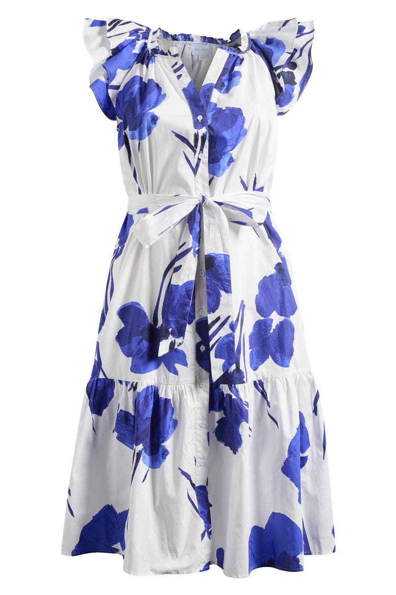Neli Charlotte Floral Button-Up Tiered Midi Dress, Alternate, color, WHITE COBALT