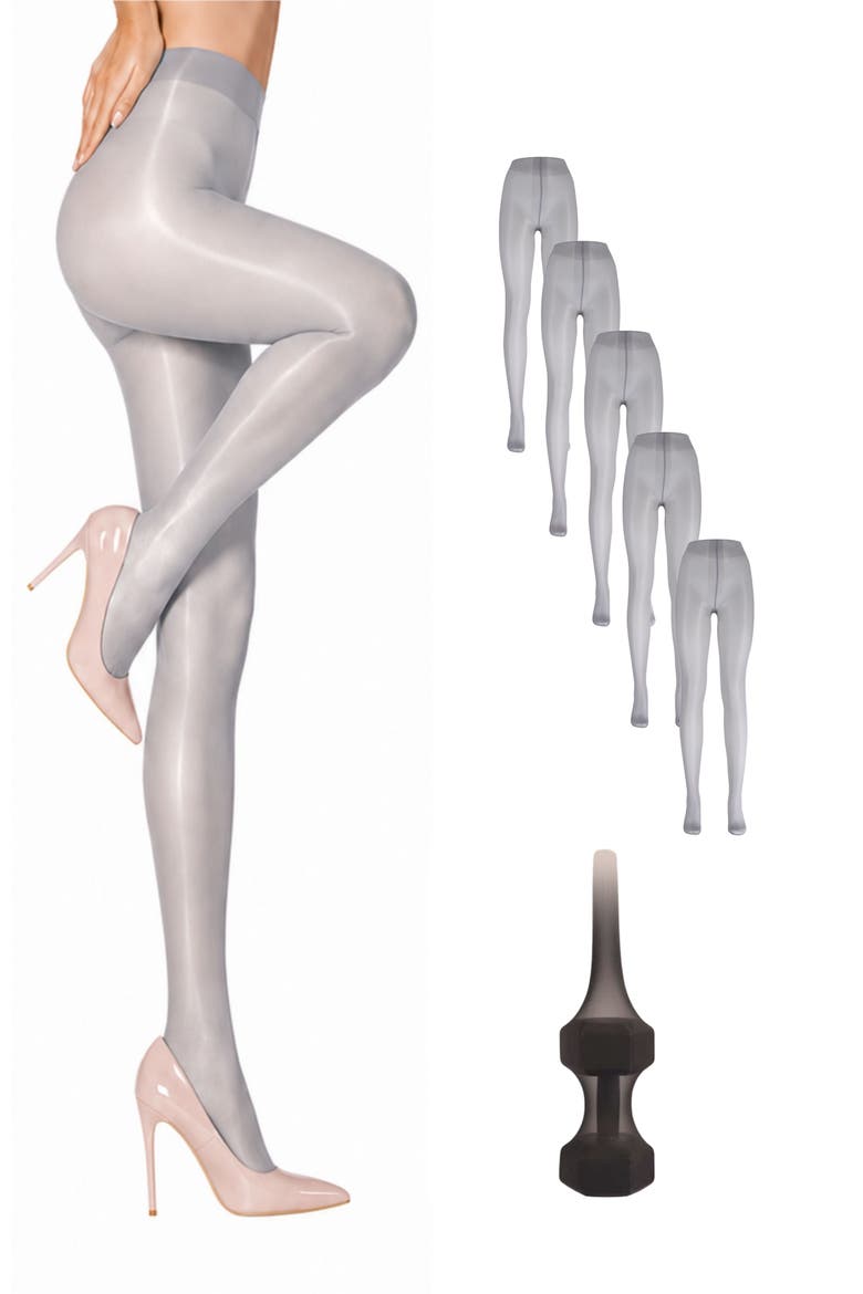 5-Pack Glossy Semi-Sheer Opaque Ladder Resistant Party Evening Tights for Women, Main, color, Grey