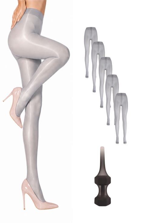 5-Pack Glossy Semi-Sheer Opaque Ladder Resistant Party Evening Tights for Women