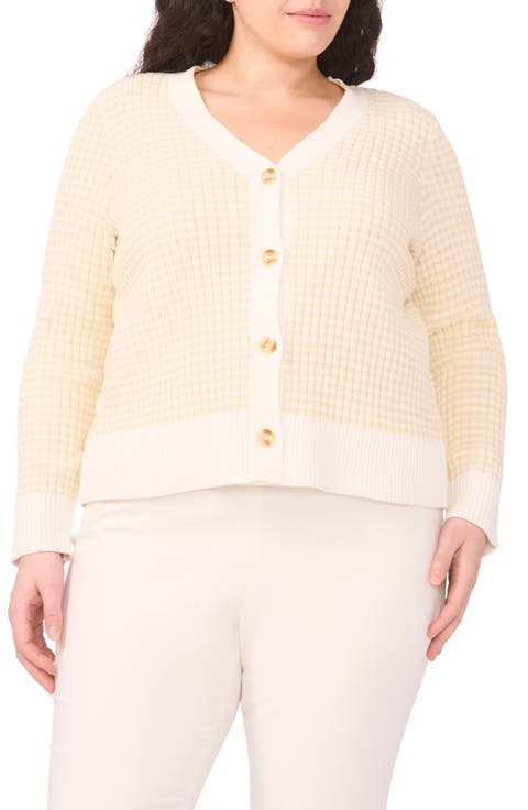 V-Neck Stripe Rib Cotton Blend Cardigan (Plus)