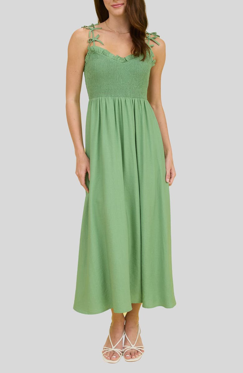 Blu Pepper Bow Strap Smocked Fit & Flare Midi Dress, Main, color, Green