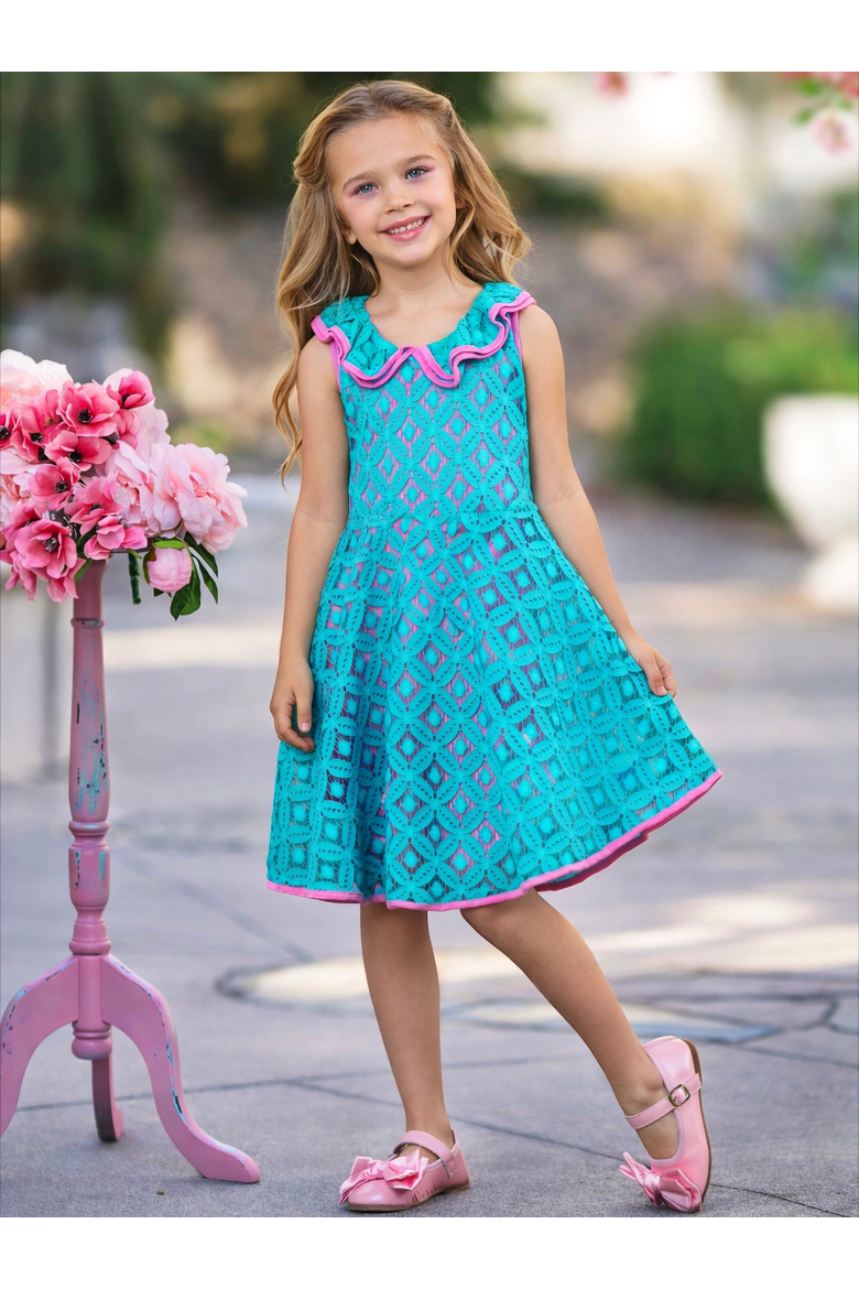 Lacey Scallop Trim Party Dress, Alternate, color, Blue-Green