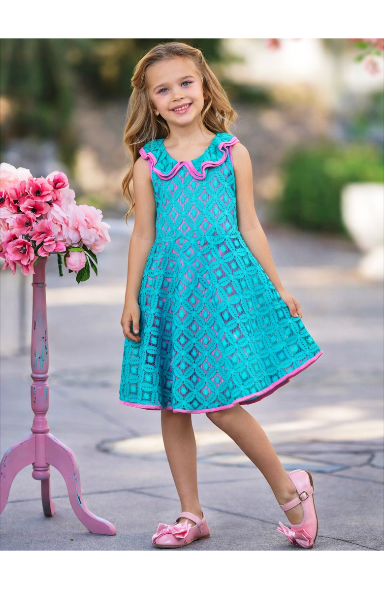Mia Belle Girls Lacey Scallop Trim Party Dress, Alternate, color, Blue-Green