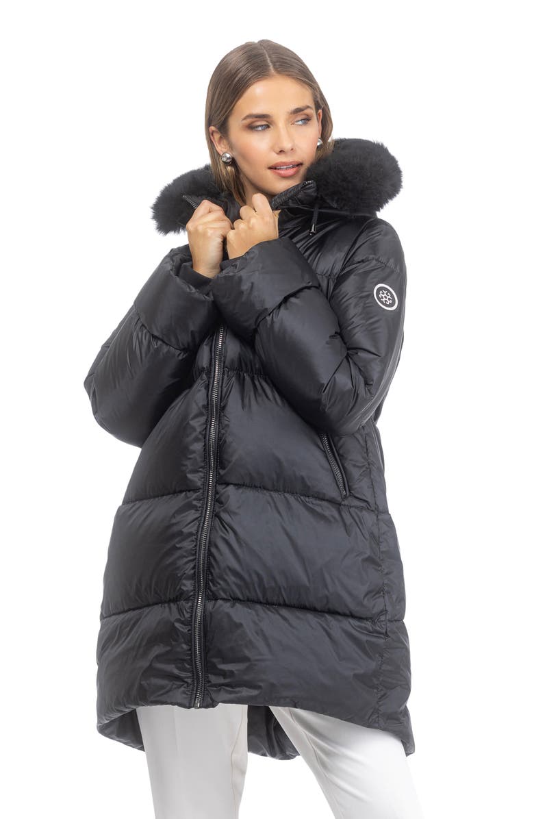 GORSKI Apres-Ski Horizontal Jacket With Detachable Genuine Shearling Hood Trim, Alternate, color, Black/Black