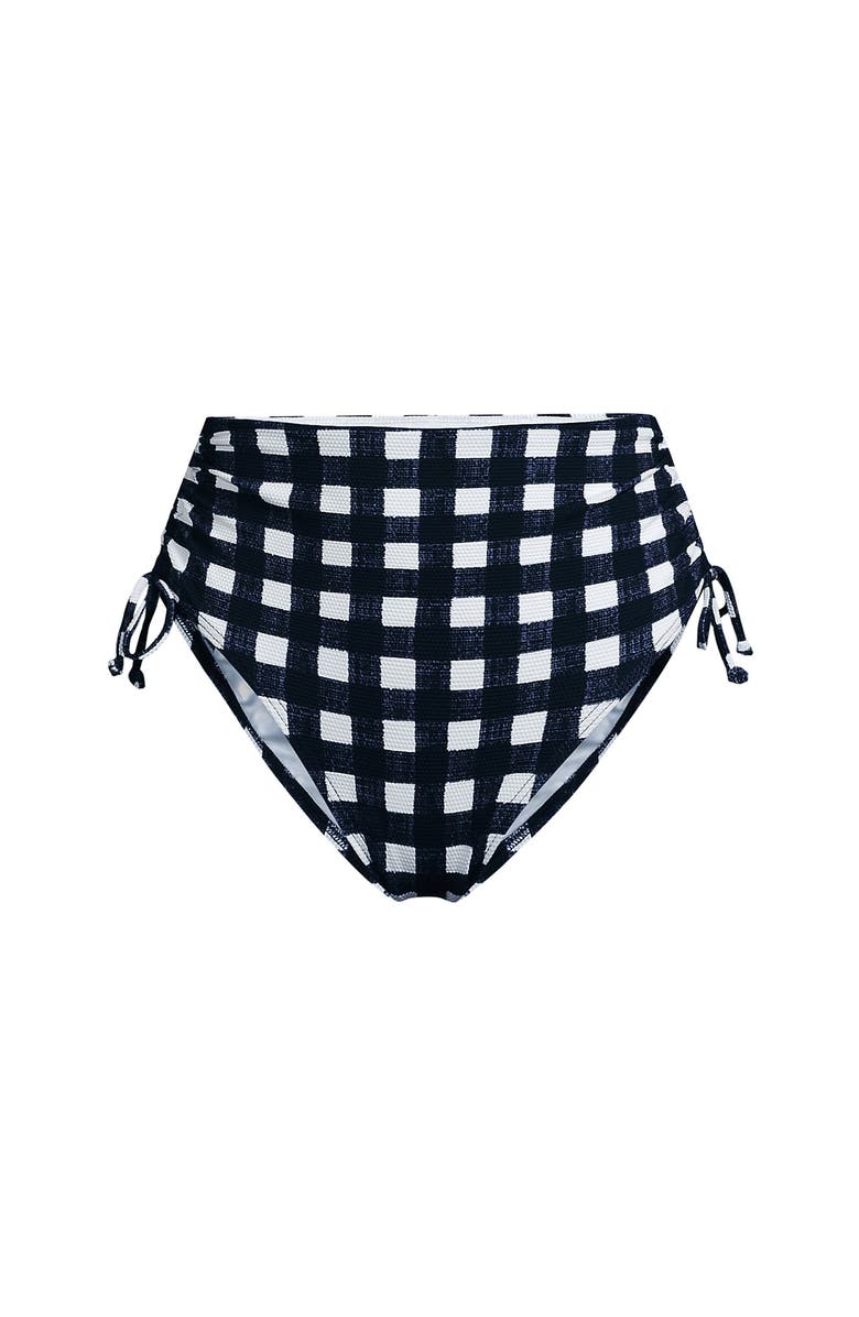 Lands' End Chlorine Resistant Adjustable High Waisted Bikini Swim Bottoms, Alternate, color, Navy Gingham Pique