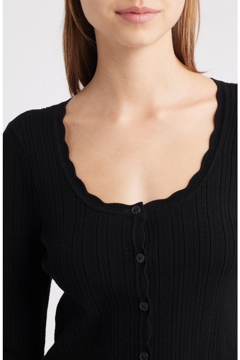 Martti Scallop Trim Crop Pointelle Cardigan, Alternate, color, BLACK