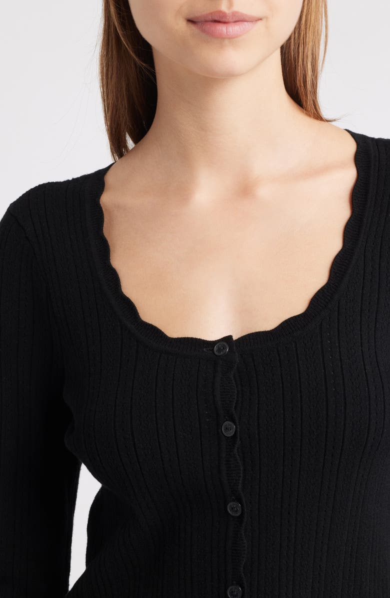 LoveShackFancy Martti Scallop Trim Crop Pointelle Cardigan, Alternate, color, Black