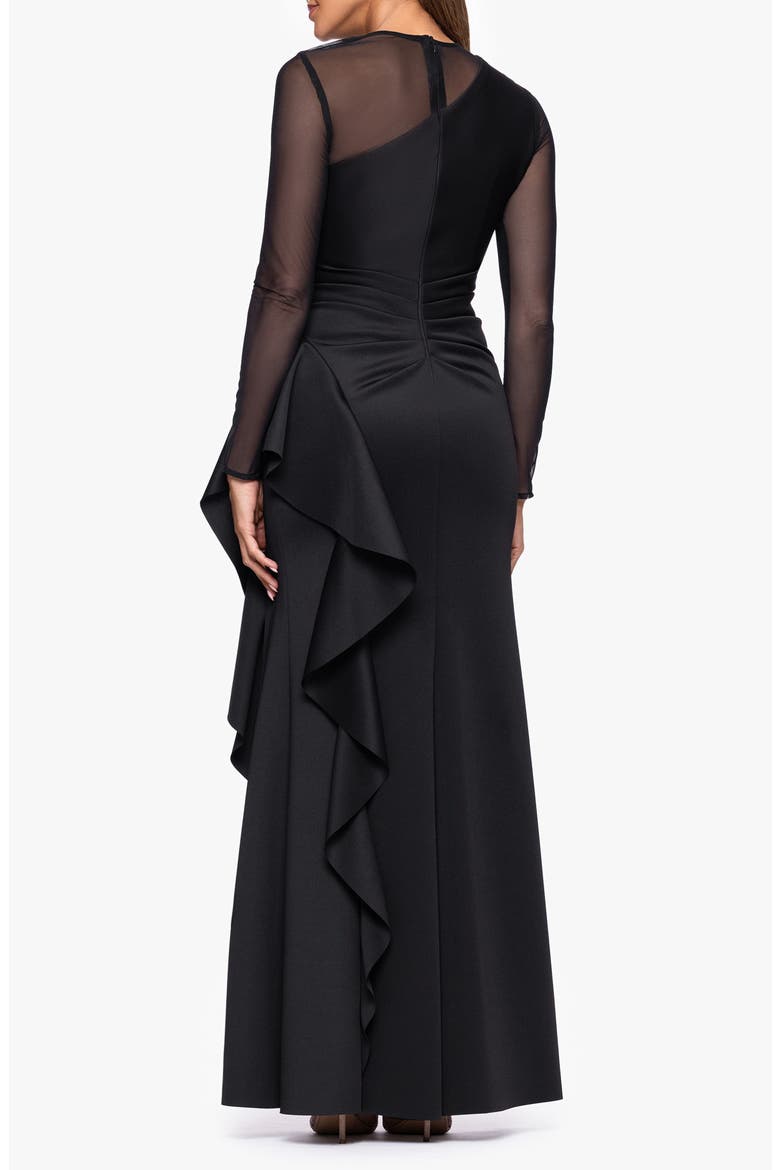 Mesh Long Sleeve Ruffled Scuba Gown, Alternate, color, BLACK
