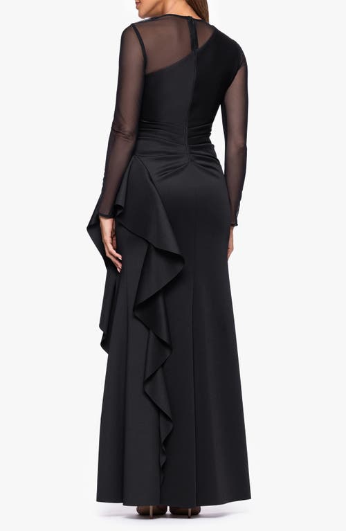 Xscape Evenings Mesh Long Sleeve Ruffled Scuba Gown In Black