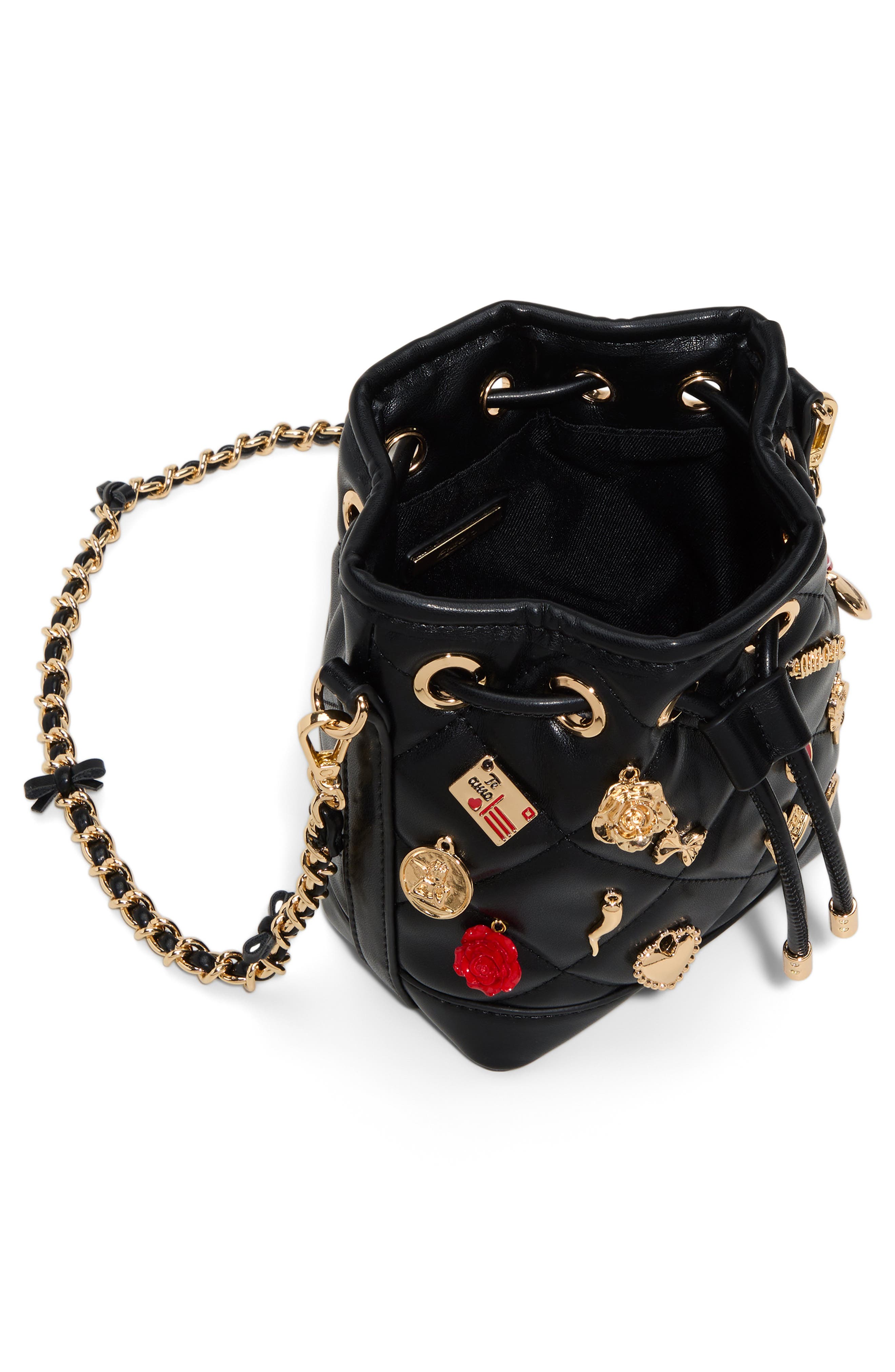 ALDO Romalovee Diamond Quilted Faux Leather Bucket Bag, Alternate, color, Black