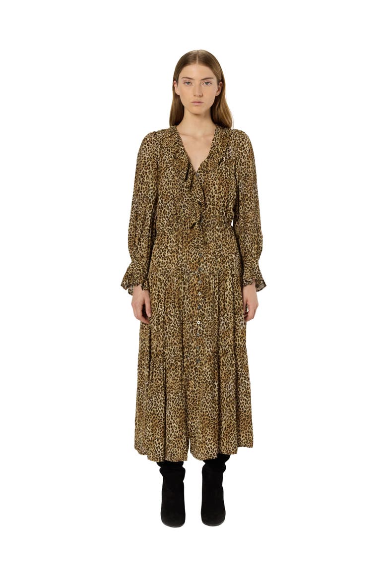 Lyza Ruffled V-Neck Midi Dress, Main, color, Brown